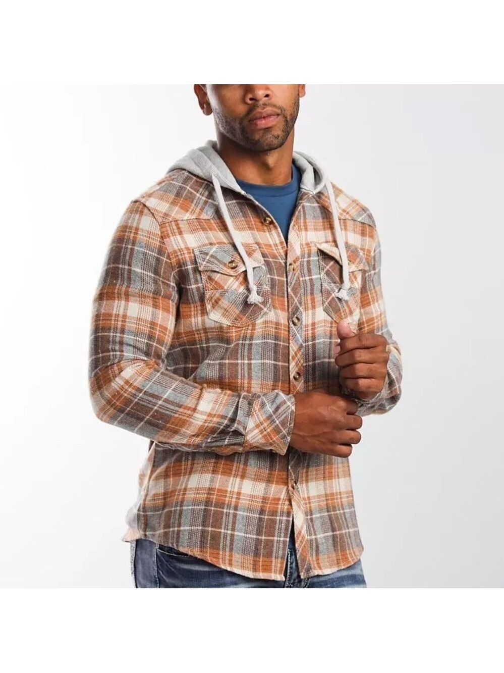 BKE Vintage Button Up Shirt Men's XL Multicolor Long Sleeve Hooded Athletic Fit